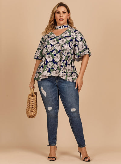 Broken Print Lotus Leaf Sleeves Shirt