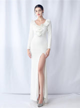 Long Sleeve V-neck Sequins Split Prom Dress