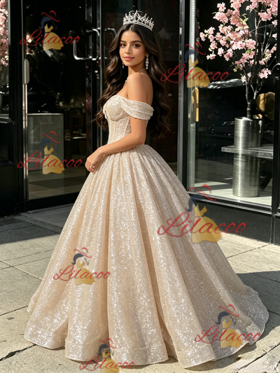 Champagne Sequins Off the Shoulder Quinceanera Dress