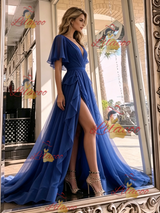 Blue Tulle V-neck Pleats Prom Dress