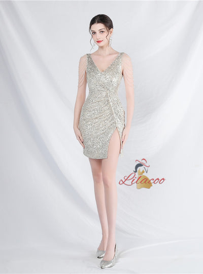 V-neck Sequins Beading Mini Prom Dress