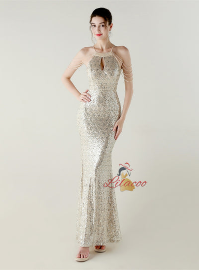 Mermaid Sequins Halter Beading Prom Dress