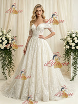 Vintage Lace Short Sleeve Beading Wedding Dress