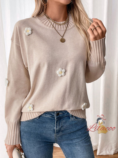 Flower-decorated Knitted Turtleneck Sweater