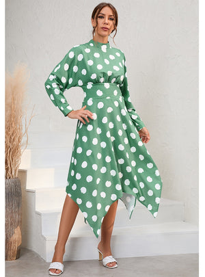 Casual Irregular Long-sleeved Polka-dot Dress