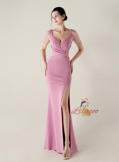 Mermaid Split Straps Pleats Beading Prom Dress