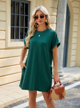Solid Color Round Neck Pocket Dress