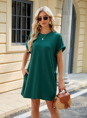 Solid Color Round Neck Pocket Dress