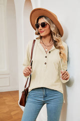 Solid Color Button Long Sleeve Hooded Loose Top