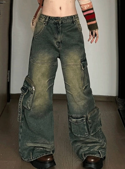 Straight Retro Loose Pocket Jeans