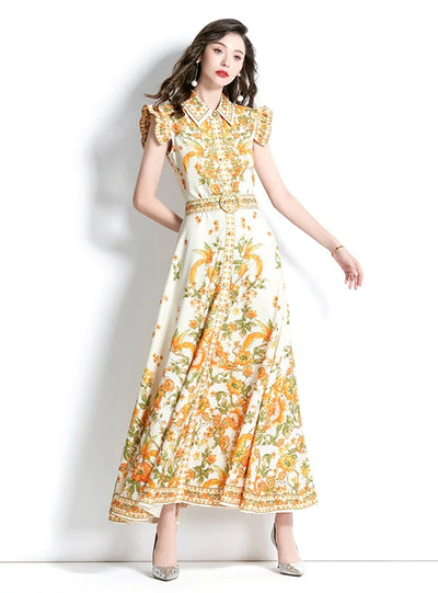 Retro Palace Lotus Leaf Sleeve Printed Dress