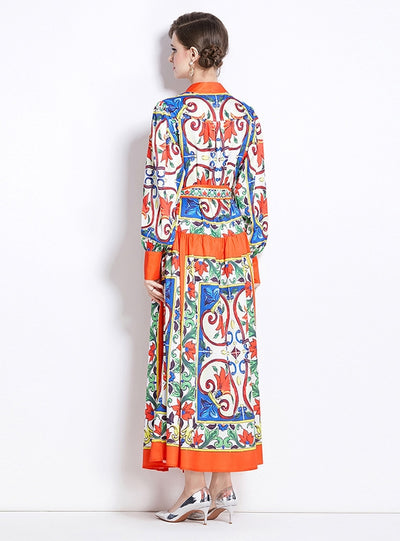 Retro Stand-up Collar Single-breasted Printed Dress