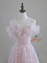 Pink Sequins Off the Shoulder Pearls Prom Dress