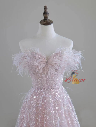Pink Sequins Off the Shoulder Pearls Prom Dress