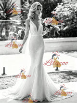 White Mermaid V-neck Long Sleeve Wedding Dress