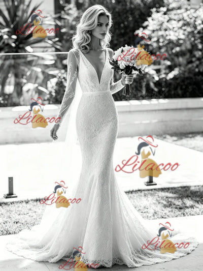 White Mermaid V-neck Long Sleeve Wedding Dress