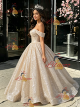 Champagne Sequins Off the Shoulder Quinceanera Dress