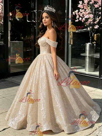 Champagne Sequins Off the Shoulder Quinceanera Dress