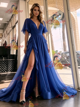 Blue Tulle V-neck Pleats Prom Dress