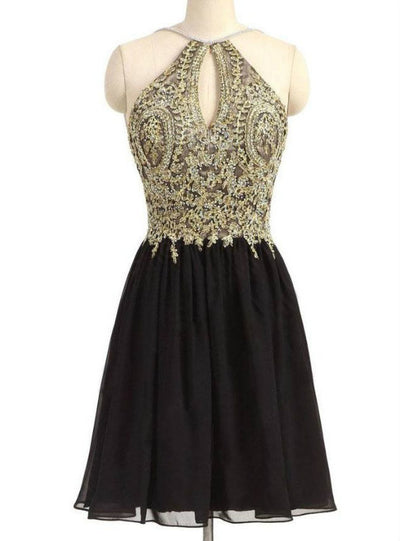 Black Chiffon Lace Halter Homecoming Dress