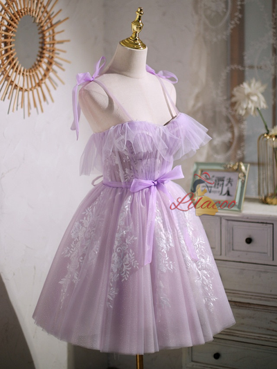 Purple Tulle Lace Straps Pleats Homecoming Dress