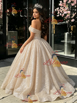 Champagne Sequins Off the Shoulder Quinceanera Dress