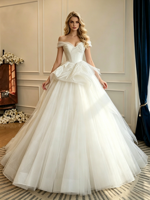 White Tulle Off the Shoulder Wedding Dres