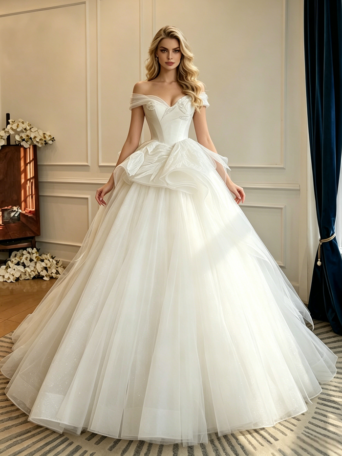 White Tulle Off the Shoulder Wedding Dres