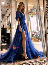 Blue Tulle V-neck Pleats Prom Dress