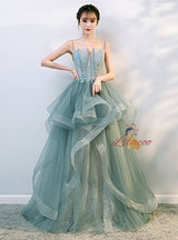 Green Tulle Spaghetti Straps Prom Dress