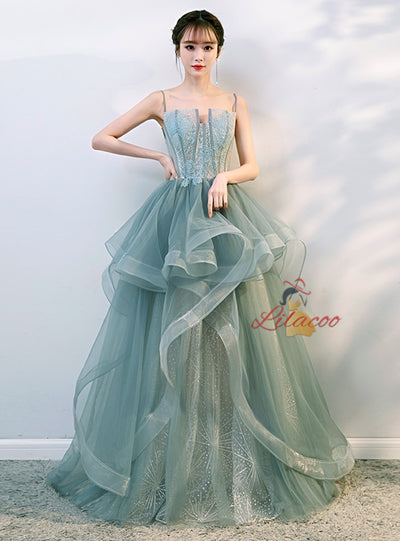 Green Tulle Spaghetti Straps Prom Dress