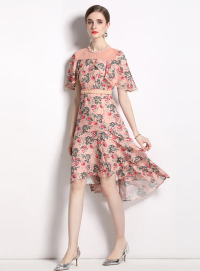 Chiffon Cloak Pearls Floral Dress