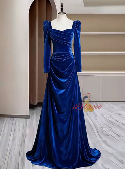 Burgundy Velvet Long Sleeve Pleats Prom Dress