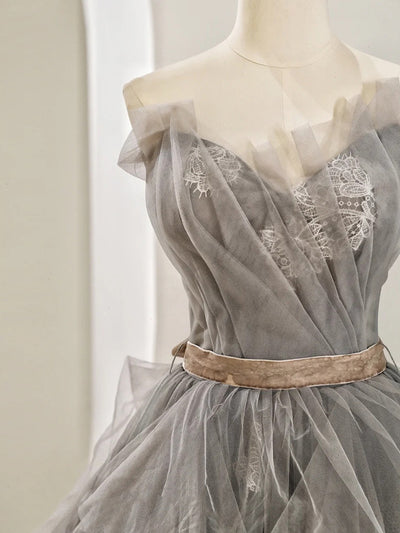 Gray Tulle Lace Pleats Prom Dress