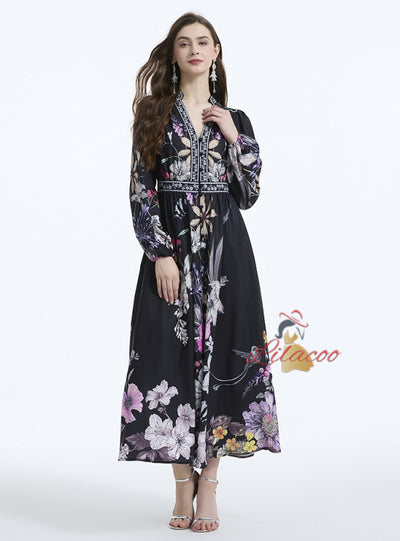 Retro Court Printed V-neck Dress