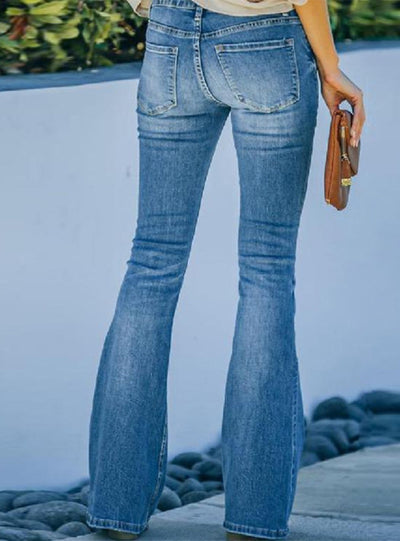 High Waist Stitching Button Micro-flared Jeans
