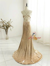 Gold Mermaid Sequins Spaghetti Straps Prom Dress