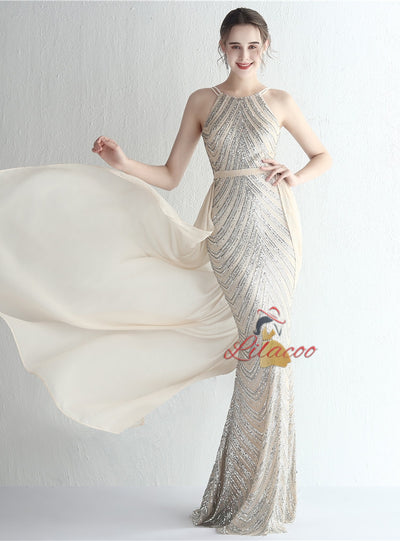 Halter Mermaid Sequins Prom Dress