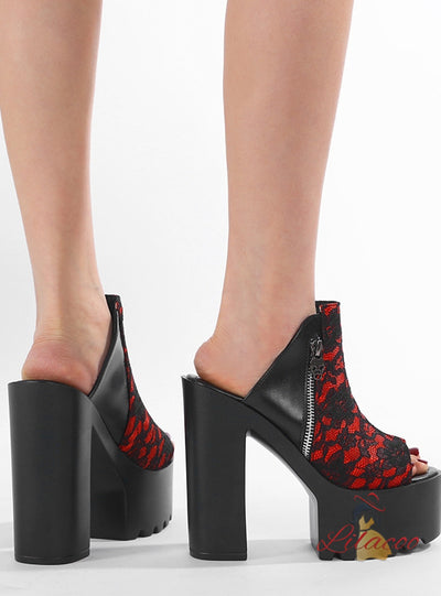 Lace Thick Soled Thick Heel Zipper Sandals
