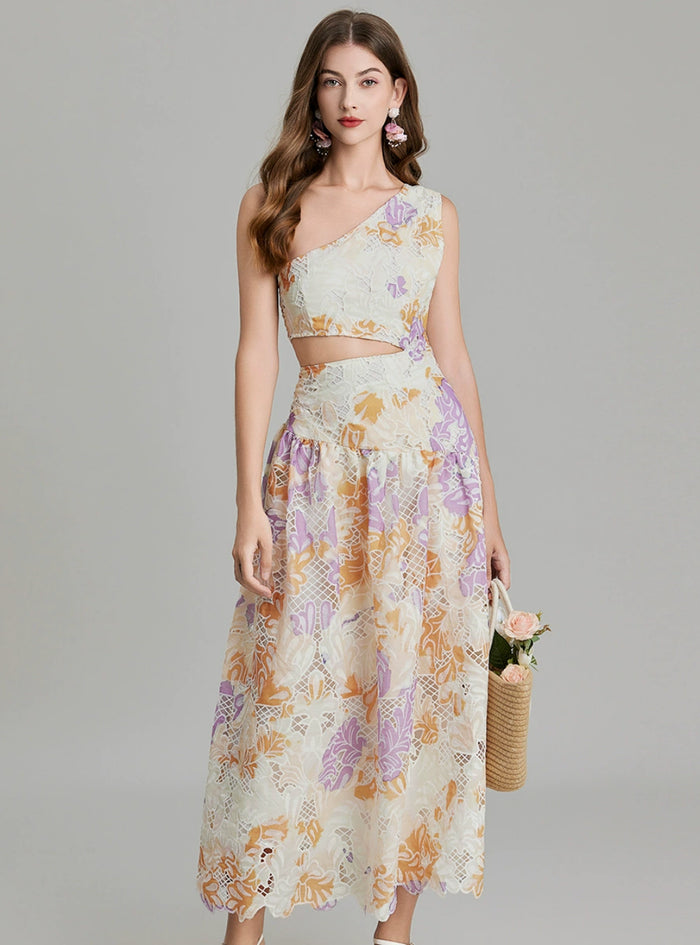 Embroidered Printed One-shoulder Slim Dress