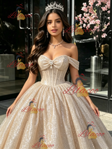 Champagne Sequins Off the Shoulder Quinceanera Dress