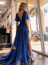 Blue Tulle V-neck Pleats Prom Dress