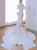 White Mermaid Pleats Bow Wedding Dress