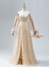 Champagne Tulle Sequins Long Sleeve Quinceanera Dress