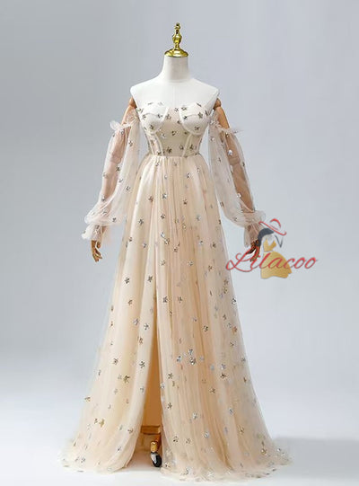 Champagne Tulle Sequins Long Sleeve Quinceanera Dress