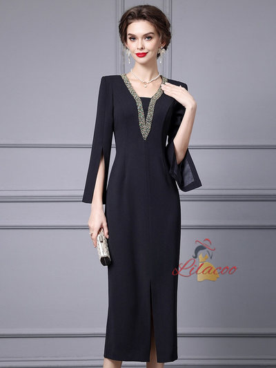 Black Long Sleeve V-neck Mother Of The Bride Dress
