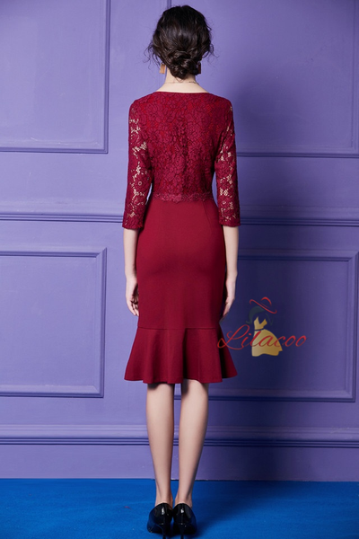 Burgundy Lace Short Sleeve Mother Of The Bride Dress