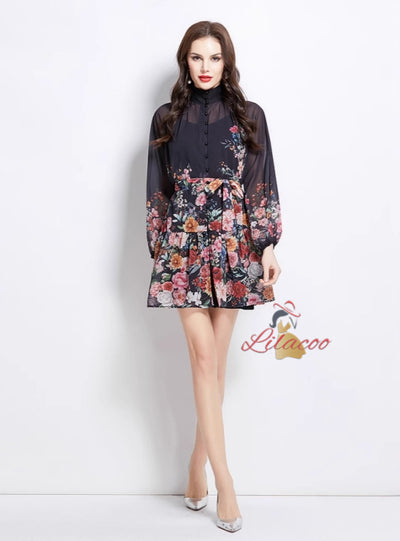 Retro Lantern Sleeve Slim Printed Dress
