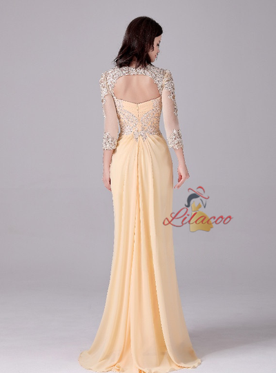 Yellow Chiffon Long Sleeve Mother Of The Bride Dress