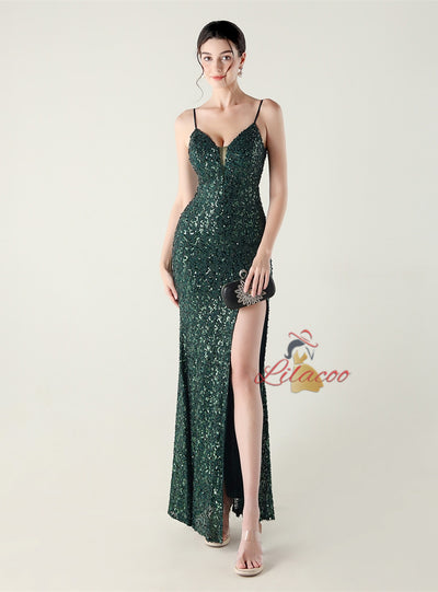Spaghetti Straps Sequins Split Prom Dress